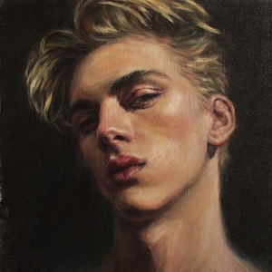 Original Ölgemälde – The Look, sinnliches Männerportrait auf Leinwand von Pat Kelley