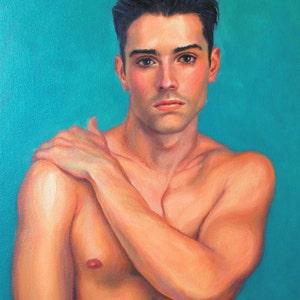 Young Man with Dark Eyes, Art Print from Original Oil painting by Pat Kelley. Male Nude Figurative Portrait, Handsome Man, 16x12 image 1