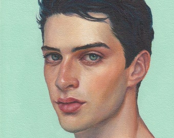 Jonge man met blauwe ogen. Art Print van origineel schilderij van Pat Kelley. Hedendaags realistisch mannelijk portret, knappe man