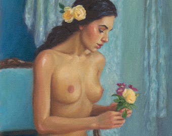 Nu avec des fleurs, impression d'art à partir de la peinture à l'huile originale de Pat Kelley. Nu romantique, Figuratif féminin, Look vintage, Belle femme