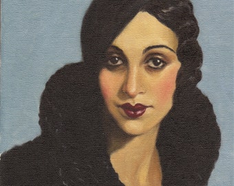 Renée Perle in het zwart. Kunstprint van origineel olieverfschilderij van Pat Kelley. Vrouwenportret, vintage mode, Flapper, jaren 1920, Parijse stijl
