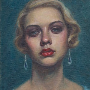 Sapphire Blues. Extra Large Archival Art Print from Original Oil Painting by Pat Kelley. 20x16, Flapper Portrait, Blonde Woman, Vintage Look