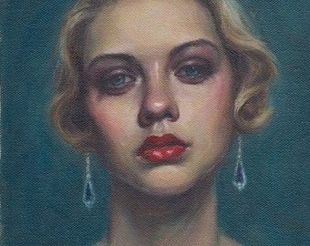 Saffierblauw. Extra grote archiefkunstafdruk van origineel olieverfschilderij van Pat Kelley. 20 x 16, Flapper portret, blonde vrouw, vintage look