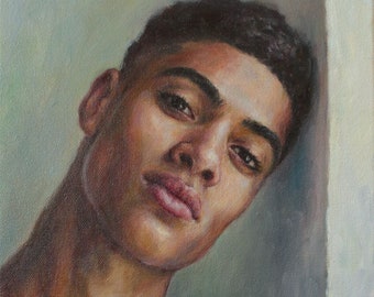 Origineel olieverfschilderij mannelijk portret door Pat Kelley. Jonge zwarte man, knappe Afro-Amerikaanse man, hedendaagse realist, beeldende kunst.