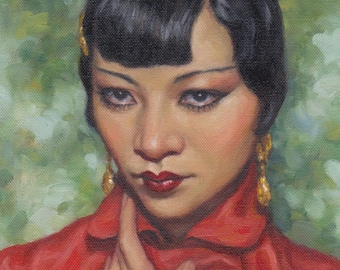 Anna May Wong portret, extra grote kunstprint van origineel olieverfschilderij van Pat Kelley. 20x16, Art Deco, vintage look, mooie vrouw