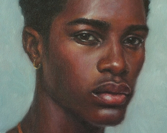 Un jeune homme. Grande impression d'art à partir de la peinture à l'huile originale de Pat Kelley. Portrait d'homme noir, homme afro-américain, réaliste contemporain 16 x 12