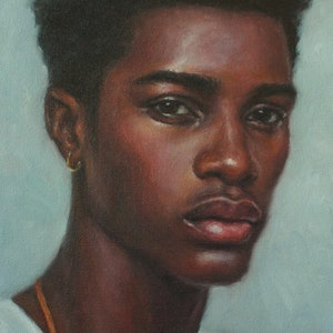 This is a large archival art print of my original painting "A Young Man". This is a portrait of a strikingly handsome young black man.