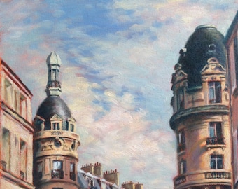 Paris France, grande impression d'art à partir de la peinture à l'huile originale de Pat Kelley. Voyage Art. Toits à Passy, paysage urbain, architecture parisienne