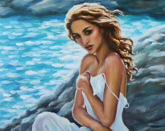 Original Oil on Canvas by Pat Kelley. Woman in White Dress, Female Figurative Painting, Beautiful Woman, Romantic Art, Beach Art, 16x12