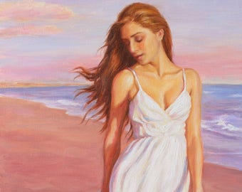 Woman at the Beach, Original Oil on Canvas by Pat Kelley. Figure Painting, Coastal Art, Romantic Art, Woman in White Dress, Golden Hour
