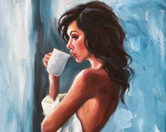 Figure féminine, très grande impression d'art à partir de la peinture à l'huile originale de Pat Kelley, nue, 24 x 18, belle femme avec du café, expressionniste