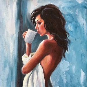 Female Figure, Extra Large Art Print from Original Oil Painting by Pat Kelley, Nude, 24x18, Beautiful Woman with Coffee, Expressionist image 1