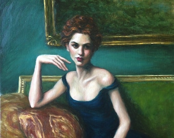 Figuratif féminin, impression d'art à partir de la peinture à l'huile originale de Pat Kelley. Portrait de femme en robe bleue, Art de la mode, Art romantique, Giclée