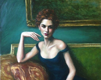Vrouwelijke figuratieve kunstafdruk van origineel olieverfschilderij van Pat Kelley. Portret van vrouw in blauwe jurk, modekunst, romantische kunst, giclée