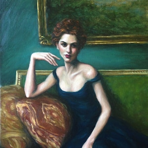 Female Figurative, Art Print from Original Oil Painting by Pat Kelley. Portrait of Woman in Blue Dress, Fashion Art, Romantic Art, Giclée