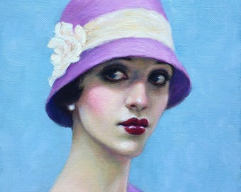 Flapper in een roze Cloche-hoed. Kunstprint van een origineel olieverfschilderij van Pat Kelley. Portret van een mooi meisje in de mode van de jaren twintig