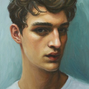 Moody Portrait of a Handsome Man. Archival Art Print from Original Oil Painting by Pat Kelley. Contemporary Realism
