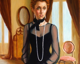 Portret van een Edwardiaanse dame. Archiefkunstafdruk van origineel olieverfschilderij van Pat Kelley. Vrouwelijke figuur, romantische kunst, vintage stijl