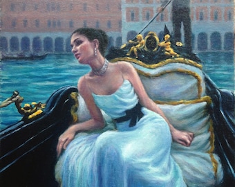 Impression d'art Venise Italie à partir de la peinture à l'huile originale de Pat Kelley. Femme en robe blanche, gondole, figuratif féminin, art romantique, 10 x 10