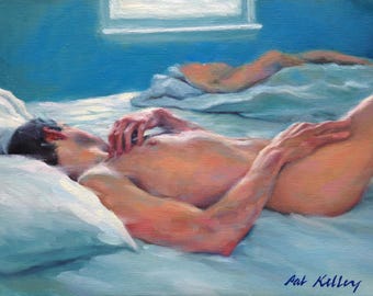 Nu masculin au lit. Impression d'art à partir de la peinture à l'huile originale de Pat Kelley. Homme endormi. Étude de figures. Réalisme contemporain. Giclée. 12x16