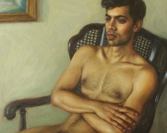 Nu masculin assis dans une chaise antique. Impression d'art à partir de la peinture à l'huile originale de Pat Kelley. Giclée. Portrait bel homme, âge mûr, art figuratif