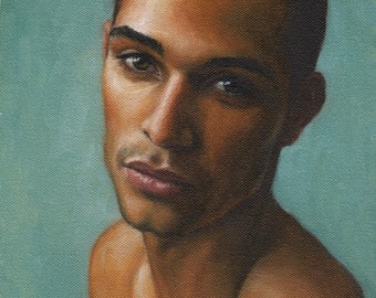 Portret van een jonge man. Kunstprint van originele olie van Pat Kelley. Knappe Afro-Amerikaanse man. Giclée. Hedendaagse realistische schilderkunst