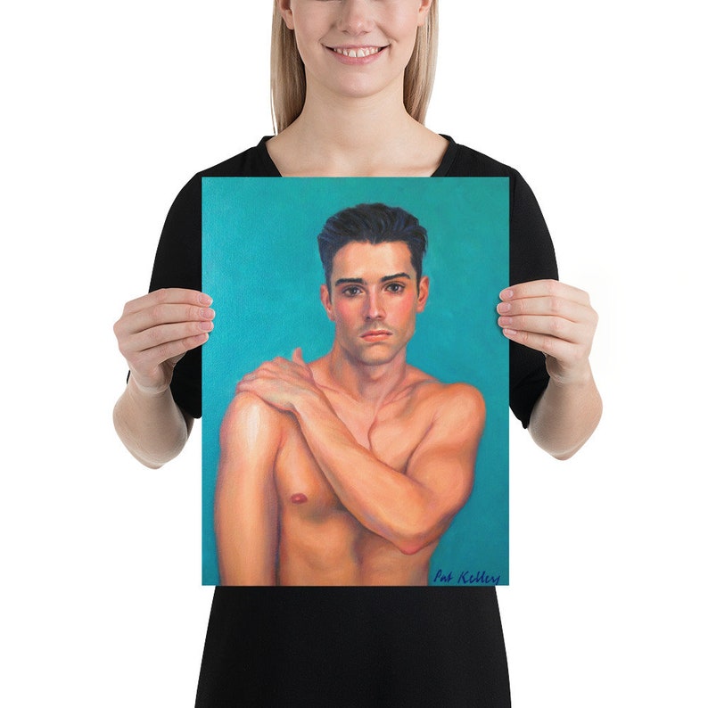 Young Man with Dark Eyes, Art Print from Original Oil painting by Pat Kelley. Male Nude Figurative Portrait, Handsome Man, 16x12 image 7