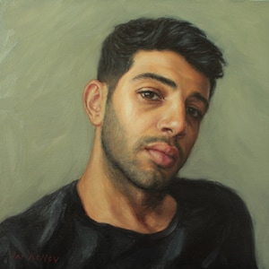 Ausdrucksstarkes Männerportrait. Original Ölgemälde von Pat Kelley. Gut aussehendes Mann Gesicht, Figurative Kunst, Zeitgenössischer Realismus, 12x12