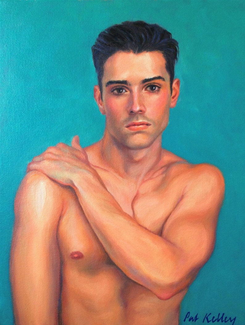Young Man with Dark Eyes, Art Print from Original Oil painting by Pat Kelley. Male Nude Figurative Portrait, Handsome Man, 16x12 image 1