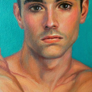 Young Man with Dark Eyes, Art Print from Original Oil painting by Pat Kelley. Male Nude Figurative Portrait, Handsome Man, 16x12 image 3