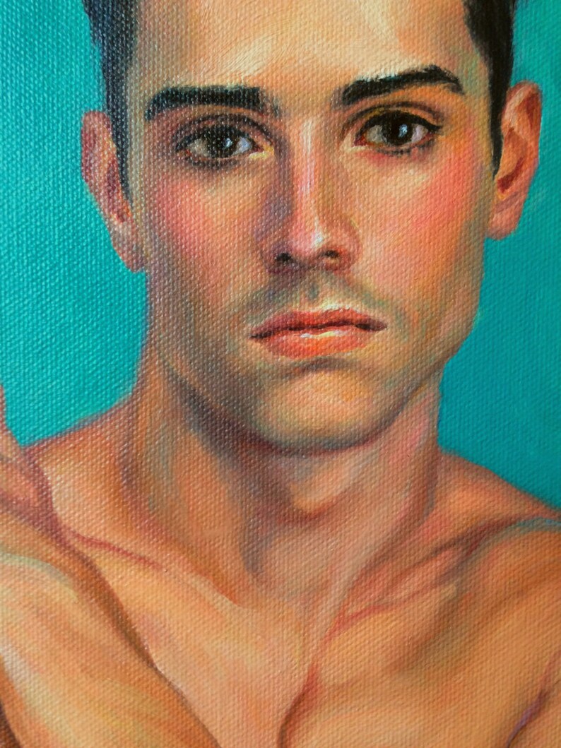 Young Man with Dark Eyes, Art Print from Original Oil painting by Pat Kelley. Male Nude Figurative Portrait, Handsome Man, 16x12 image 3