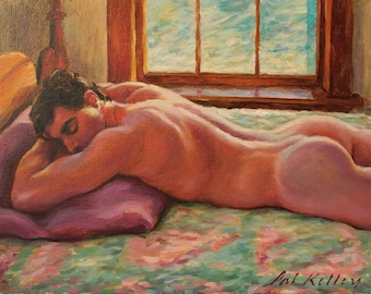 Nu masculin au lit. Impression d'art d'archives à partir d'huiles originales de Pat Kelley. Corps masculin, Homme endormi, Peinture masculine colorée, Impressionniste, Giclée