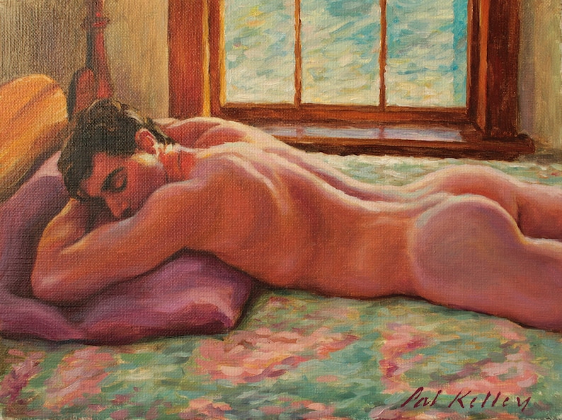 Male Nude in Bed. Archival Art Print from Original Oil by Pat Kelley. Man Sleeping, Male Body, Colorful Male Painting, Impressionist, Giclée image 1