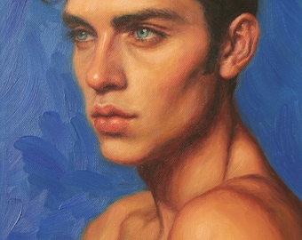 Homme au bleu cobalt. Grande impression d'art à partir de la peinture à l'huile originale de Pat Kelley. Portrait d'homme, réalisme contemporain, 16 x 12