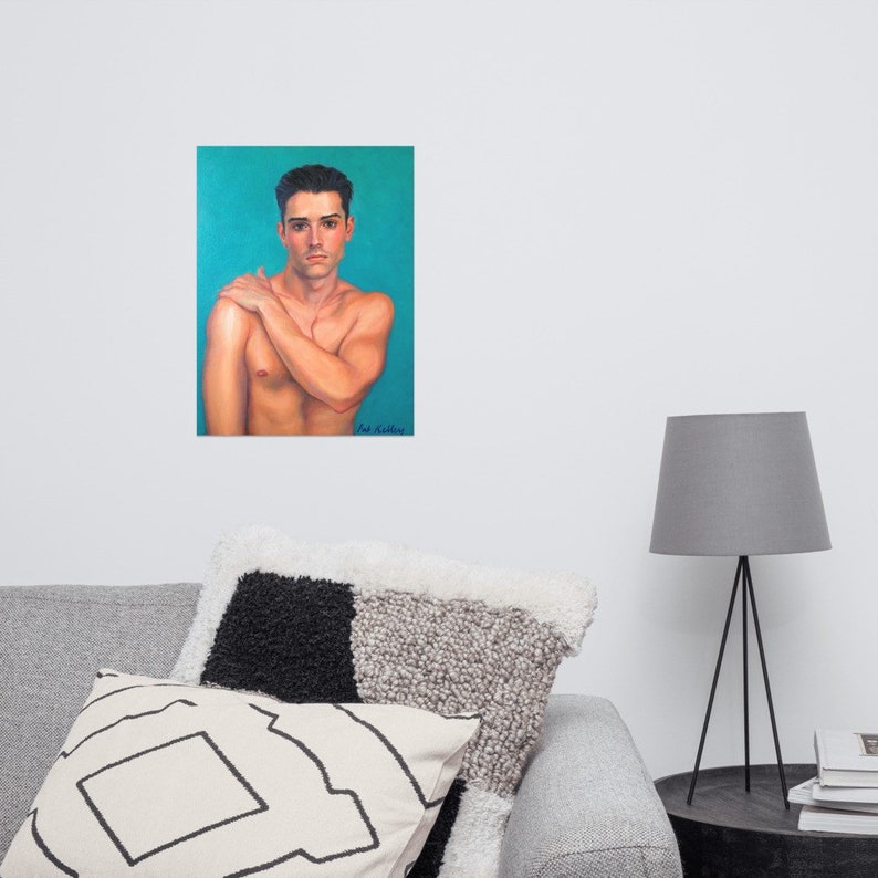 Young Man with Dark Eyes, Art Print from Original Oil painting by Pat Kelley. Male Nude Figurative Portrait, Handsome Man, 16x12 image 6