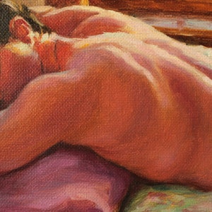 Male Nude in Bed. Archival Art Print from Original Oil by Pat Kelley. Man Sleeping, Male Body, Colorful Male Painting, Impressionist, Giclée image 2