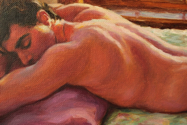 Male Nude in Bed. Archival Art Print from Original Oil by Pat Kelley. Man Sleeping, Male Body, Colorful Male Painting, Impressionist, Giclée image 2