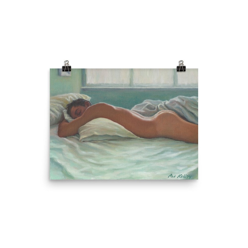 May include: A painting of a person sleeping in bed. The person is lying on their side with their head resting on a white pillow. The bed is covered in white sheets and a light blue blanket. The painting is set in a bedroom with a window in the background.