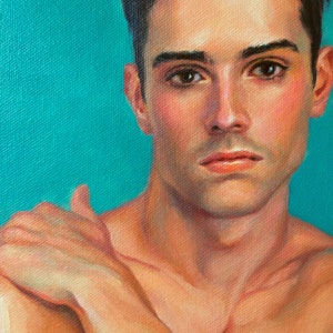 Young Man with Dark Eyes, Art Print from Original Oil painting by Pat Kelley. Male Nude Figurative Portrait, Handsome Man, 16x12 image 2