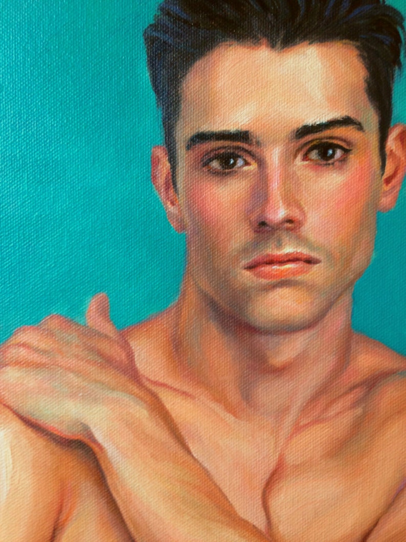 Young Man with Dark Eyes, Art Print from Original Oil painting by Pat Kelley. Male Nude Figurative Portrait, Handsome Man, 16x12 image 2