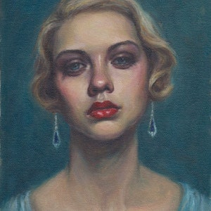 Saphir-Blues. Archivierter Kunstdruck vom Original-Ölgemälde von Pat Kelley. Flapper-Portrait, blonde Frau, Vintage-Look