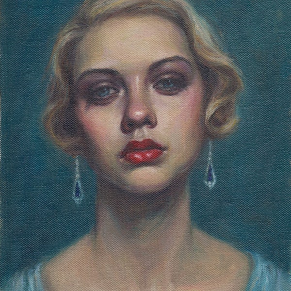 Sapphire Blues. Archival Art Print from Original Oil Painting by Pat Kelley. Flapper Portrait, Blonde Woman, Vintage Look