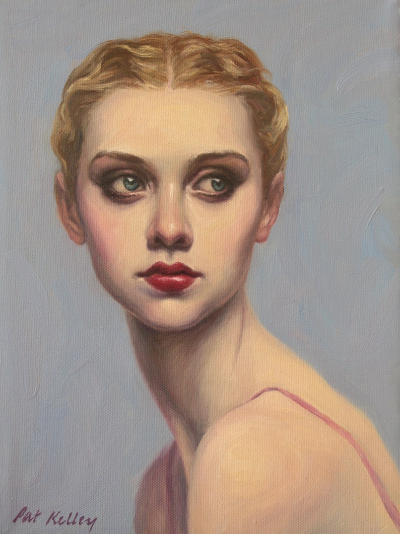 Portrait of a Girl with Finger Waves, Art Print from Original Oil by Pat Kelley. Flapper, Beautiful Woman, Fashion Art, Contemporary Realism image 1