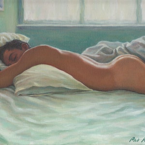 May include: A painting of a person sleeping in bed. The person is lying on their side with their head resting on a pillow. The bed is covered in white sheets and the room is painted a light green color.