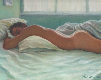 Homme endormi dans la lumière du matin, impression d'art de la peinture à l'huile originale de Pat Kelley. Nu masculin au lit, 12 x 16