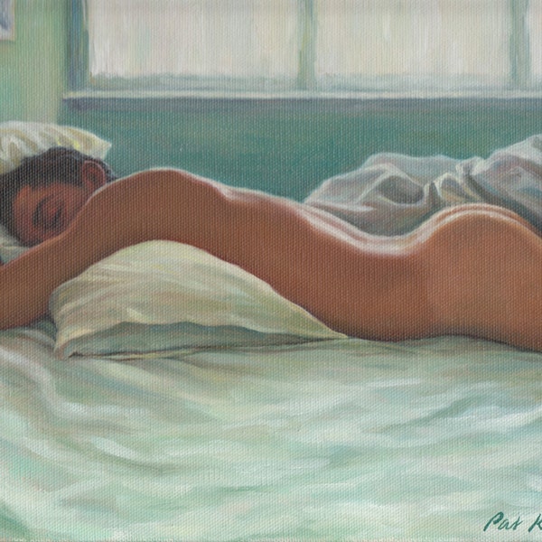 Man Sleeping in Morning Light, Art Print from Original Oil Painting by Pat Kelley. Male Nude Figure in Bed, 12x16