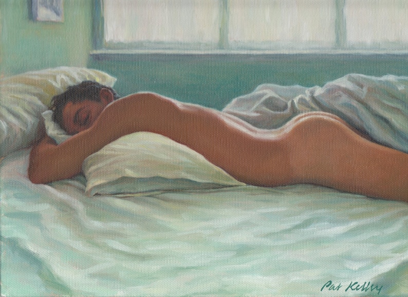 May include: A painting of a person sleeping in bed. The person is lying on their side with their head resting on a pillow. The bed is covered in white sheets and the room is painted a light green color.