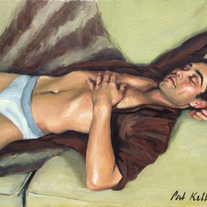 Male Figure Study. Man Sleeping on Sofa. Original Oil Painting by Pat Kelley. Male Portrait, Handsome Man, Contemporary Realism. Fine Art image 1