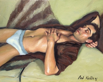 Male Figure Study. Man Sleeping on Sofa. Original Oil Painting by Pat Kelley. Male Portrait, Handsome Man, Contemporary Realism. Fine Art