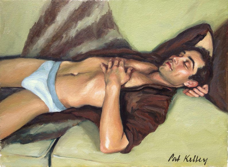 Male Figure Study. Man Sleeping on Sofa. Original Oil Painting by Pat Kelley. Male Portrait, Handsome Man, Contemporary Realism. Fine Art image 1